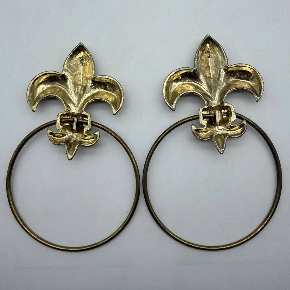 3- Brass fleur de lis Towel Holder Ring Wall Mounted Vtg